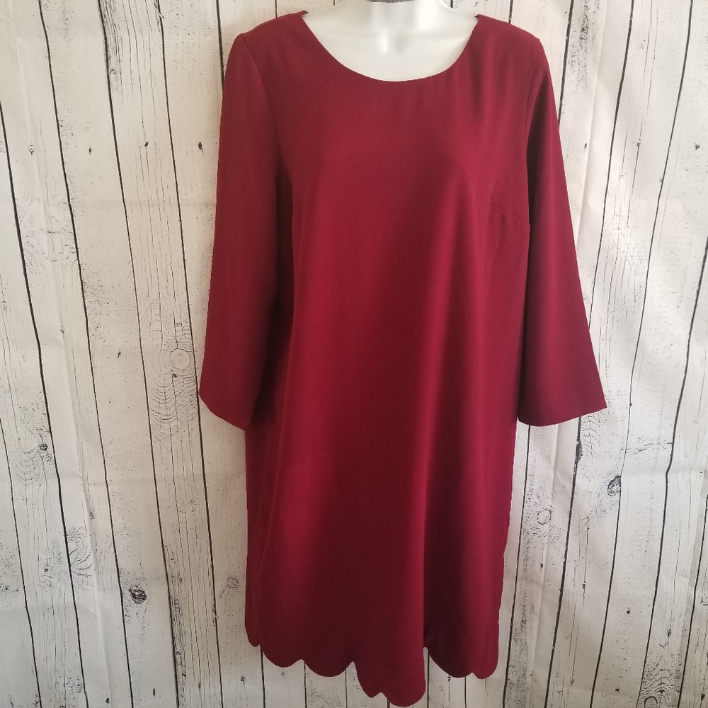 Red Scalloped Hem Flounce Sleeve Dress